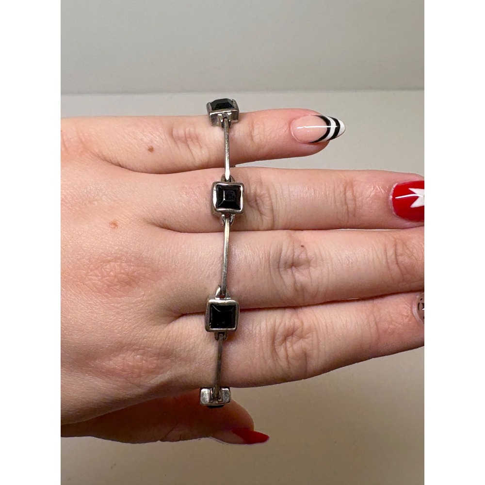Vintage Silver Tone Black Square Stone Bar Link Bracelet Lobster Clasp 7.5in